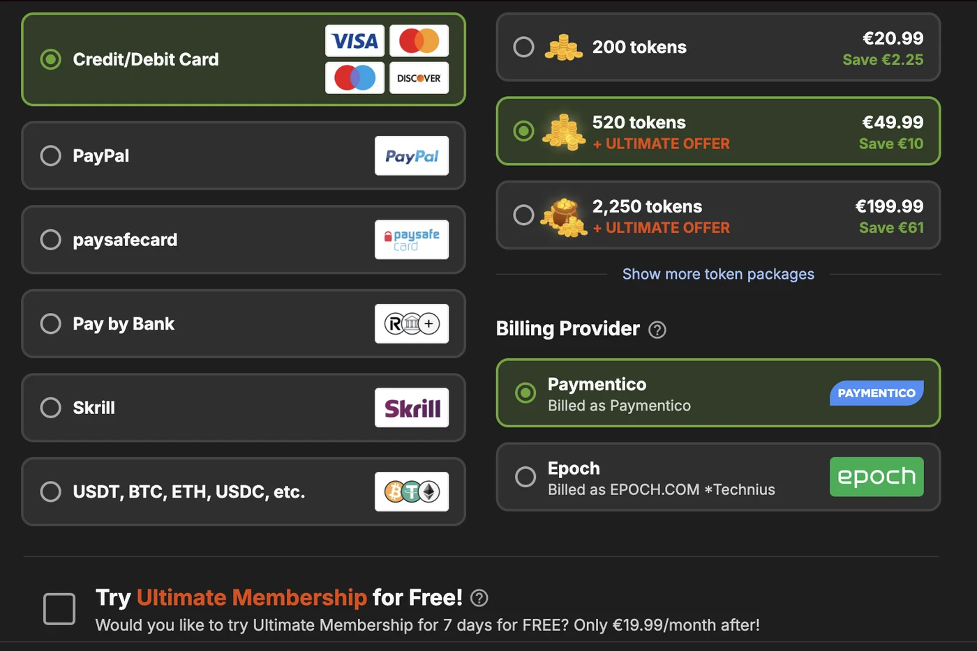 Stripchat card checkout with the 520-token pack selected: packs of 200 (€20.99), 520 (€49.99, + Ultimate offer) and 2,250 (€199.99, + Ultimate offer); a Billing Provider choice between Paymentico, billed as Paymentico, and Epoch, billed as EPOCH.COM *Technius; and an unticked checkbox reading Try Ultimate Membership for Free, 7 days for free, only €19.99/month after