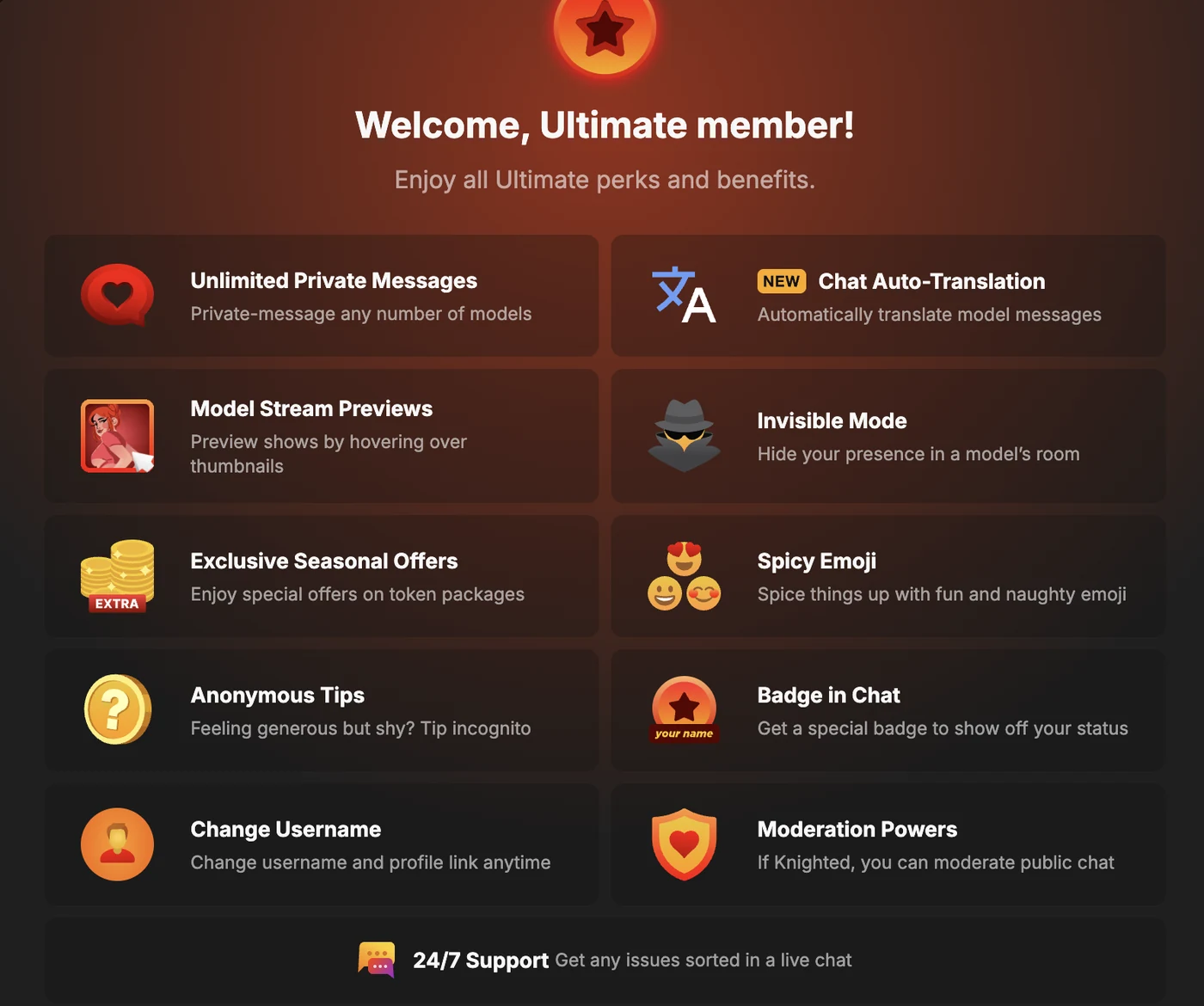 Stripchat’s Welcome, Ultimate member screen listing eleven perks with one-line descriptions: Unlimited Private Messages, Chat Auto-Translation, Model Stream Previews by hovering over thumbnails, Invisible Mode, Exclusive Seasonal Offers, Spicy Emoji, Anonymous Tips, Badge in Chat, Change Username, Moderation Powers if knighted, and 24/7 Support