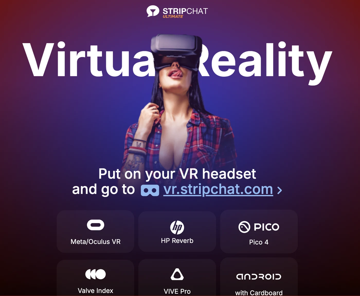 The vr.stripchat.com landing page: Virtual Reality headline, Put on your VR headset and go to vr.stripchat.com, and tiles for Meta/Oculus VR, HP Reverb, Pico 4, Valve Index, VIVE Pro and Android with Cardboard