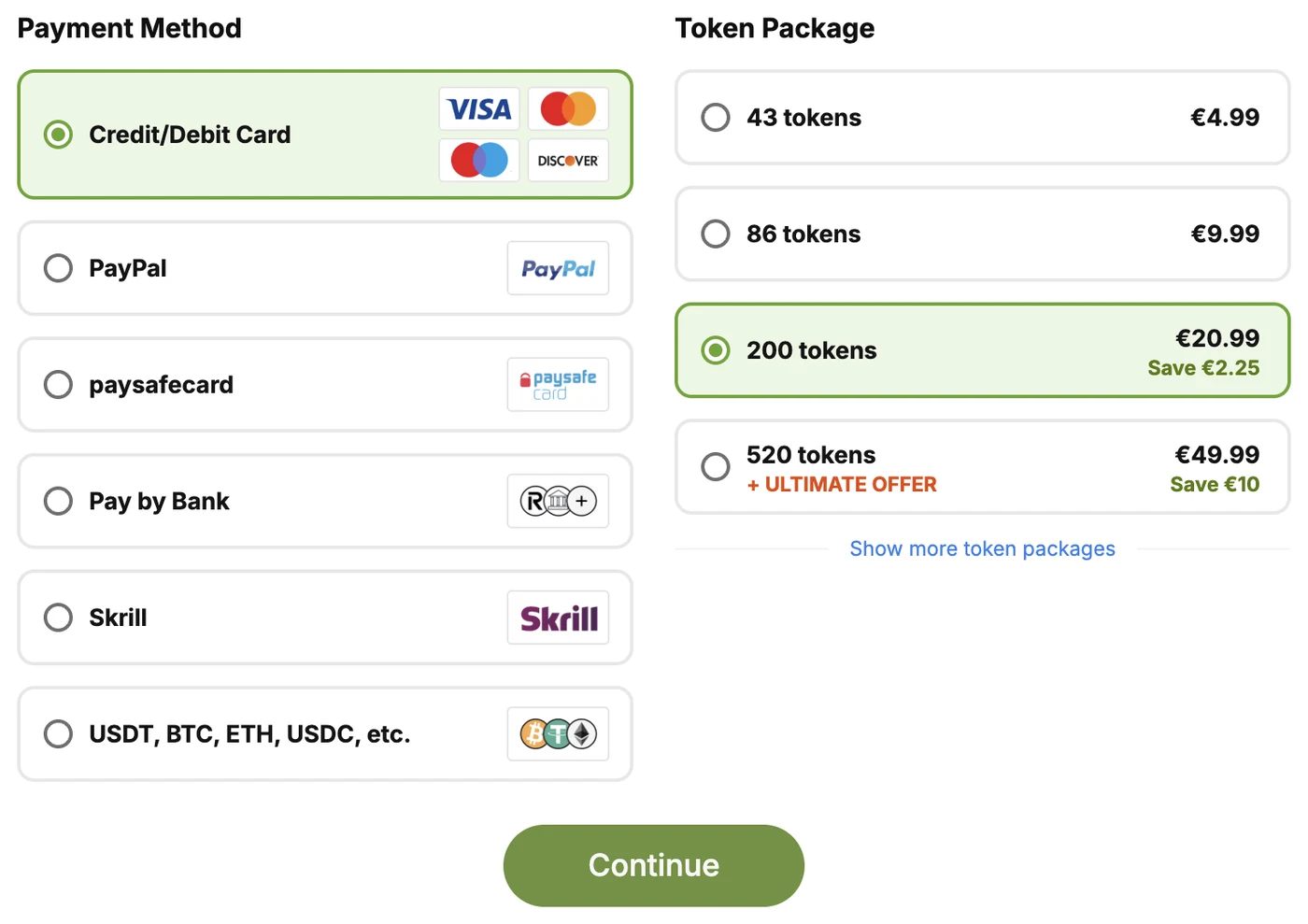 xHamsterLive token checkout on 29 September 2026: 43 tokens €4.99, 86 tokens €9.99, 200 tokens €20.99 marked Save €2.25, 520 tokens €49.99 with + Ultimate offer and Save €10; payment methods Credit/Debit Card, PayPal, paysafecard, Pay by Bank, Skrill and USDT, BTC, ETH, USDC