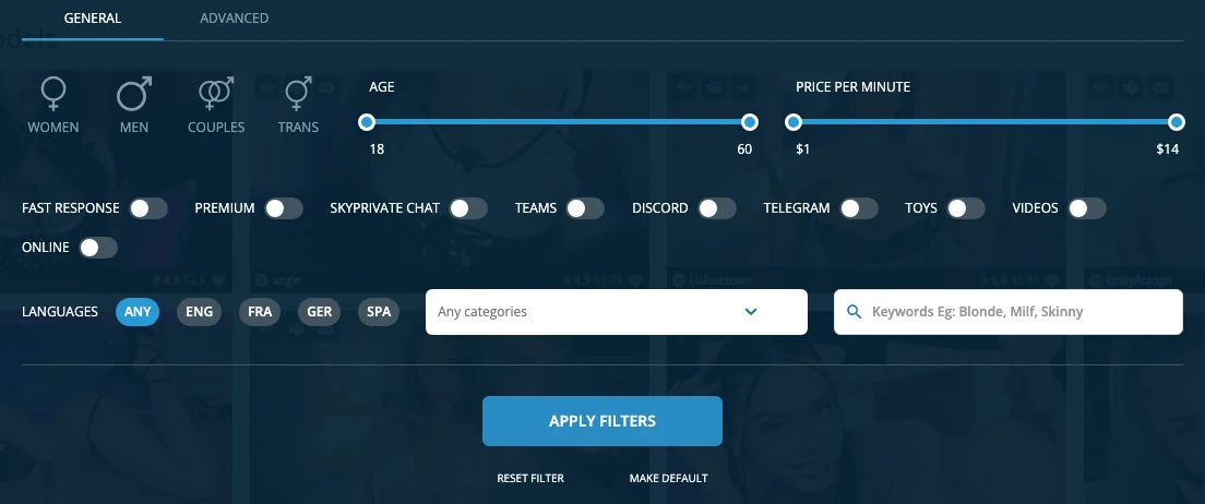 SkyPrivate catalogue filter panel, General tab: women, men, couples and trans; an age slider from 18 to 60; a price-per-minute slider from $1 to $14; switches for fast response, premium, SkyPrivate Chat, Teams, Discord, Telegram, toys, videos and online; language chips for any, English, French, German and Spanish; an any-categories dropdown and a keyword box suggesting Blonde, Milf, Skinny