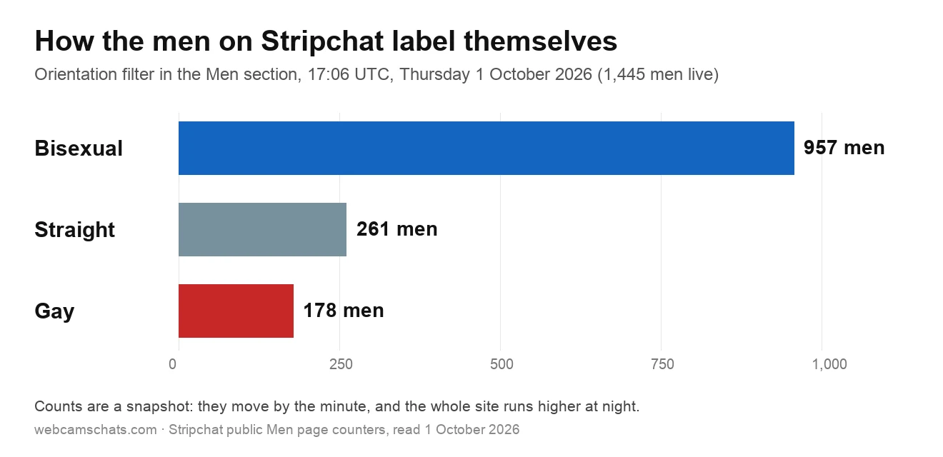 Bar chart of the orientation filter in Stripchat’s Men section at 17:06 UTC on 1 October 2026: 957 men listed as bisexual, 261 as straight and 178 as gay, out of 1,445 men live